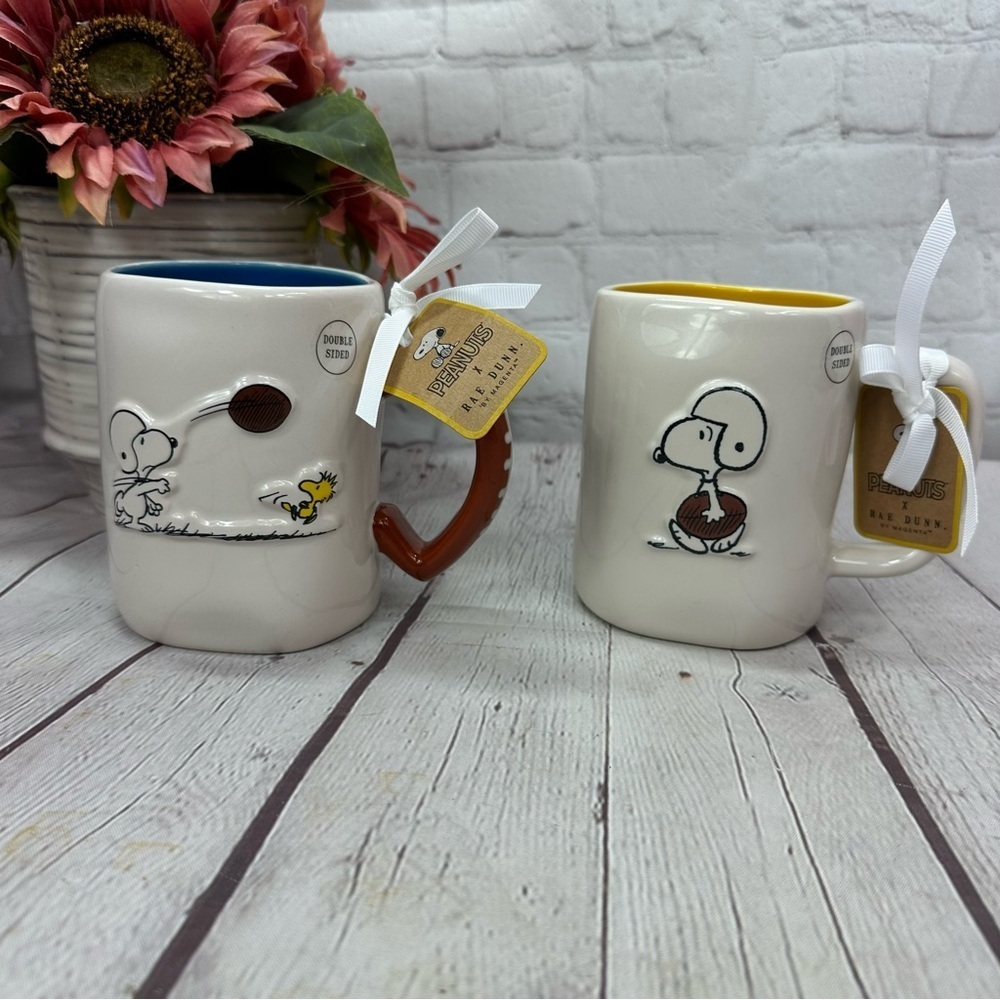 NWT RAE DUNN Peanuts Snoopy Woodstock Mug Set football Hut Hut Hike Game Day